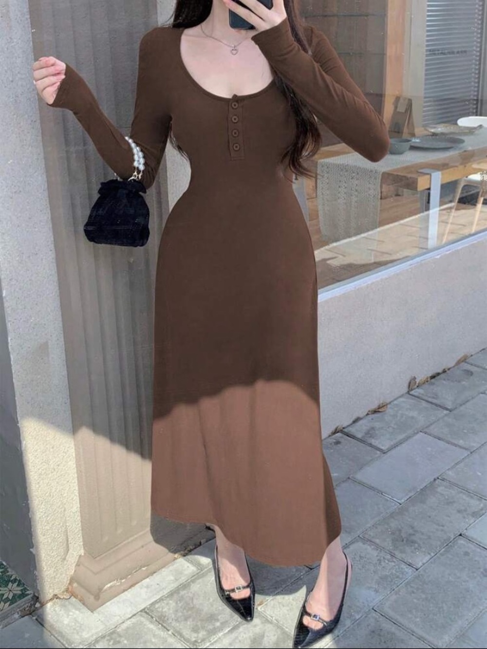 Dazy Scoop Neck Long Sleeve Maxi Dress in Chocolate Brown